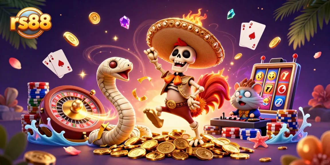 Experience the vibrant game atmosphere of rs88 with a dynamic casino-themed illustration featuring festive characters and gaming elements.