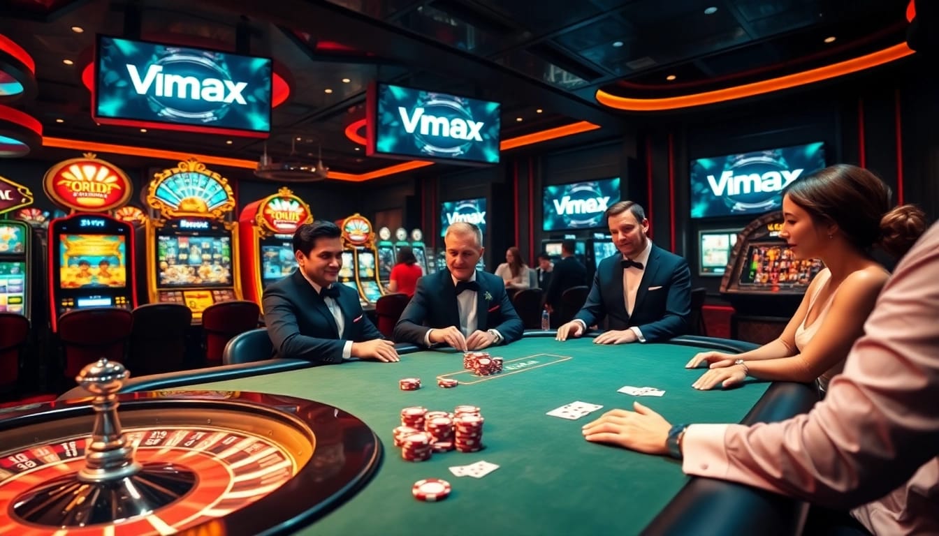 Players enjoy thrilling casino games at Vmax's premium tables, surrounded by vibrant slot machines.