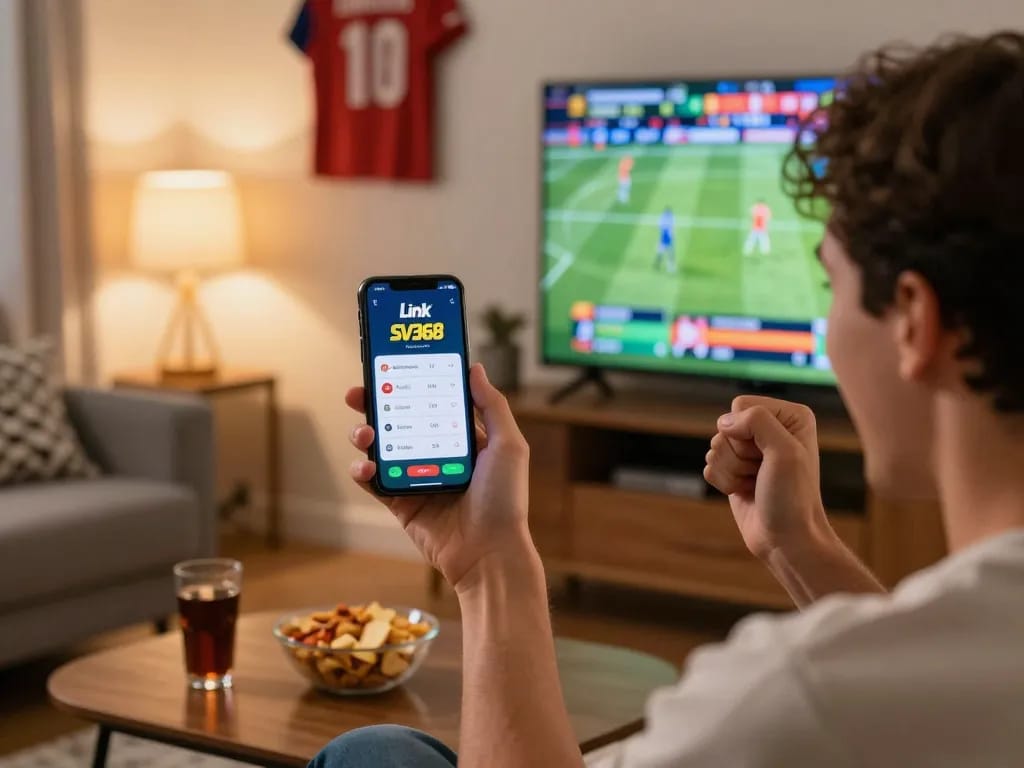 Celebrating a big win using Link SV368 app during a home sports betting night.