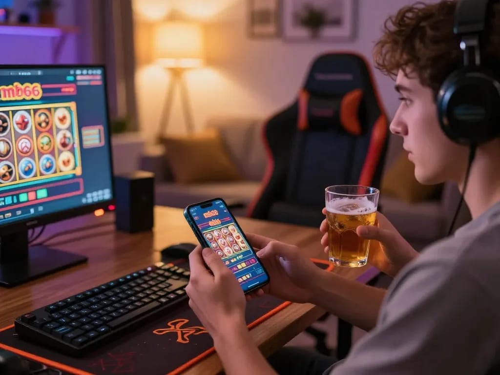Player enjoying the mb66 casino app on a smartphone, embodying excitement in a cozy gaming setup.