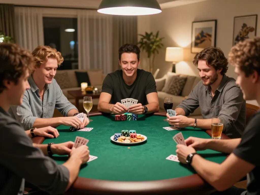 Wala88 players strategizing and celebrating a win during a friendly poker night.