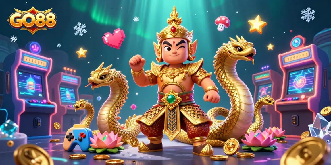 Experience GO88's vibrant gaming world with 3D guardian, Naga companions, and classic arcade elements.