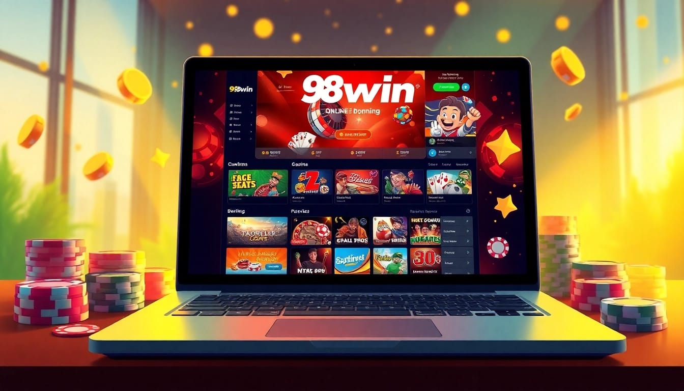 Dynamic online casino scene at 98win featuring poker, slots, and sports betting excitement.