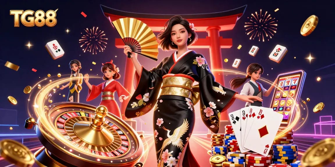 Experience TG88 with a dazzling casino illustration featuring dynamic game elements and a graceful character.