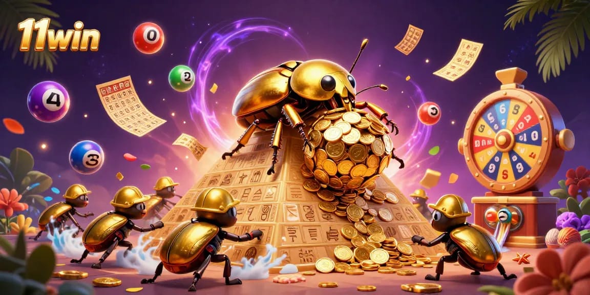 Engage with 11win's colorful lottery scene, featuring a golden dung beetle rolling coin balls.
