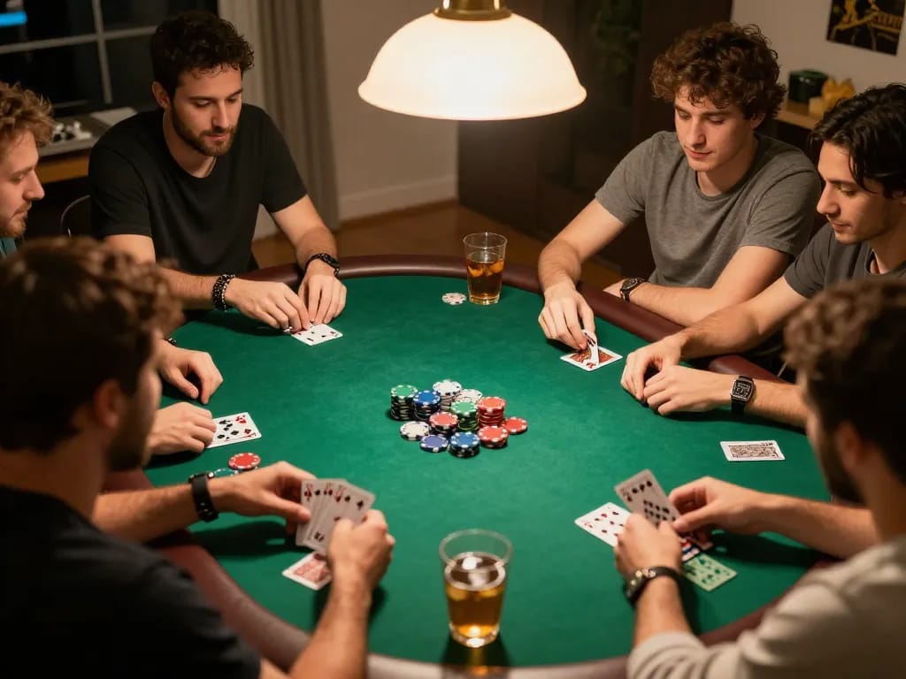Pemain poker menikmati malam permainan di rumah, menampilkan interaksi dinamis dan permainan strategis dengan vt789.