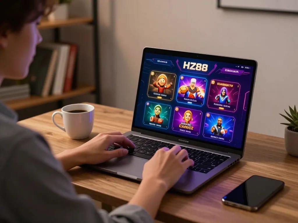 Experience dynamic gameplay on HZ88 app in cozy home setup with vibrant graphics.
