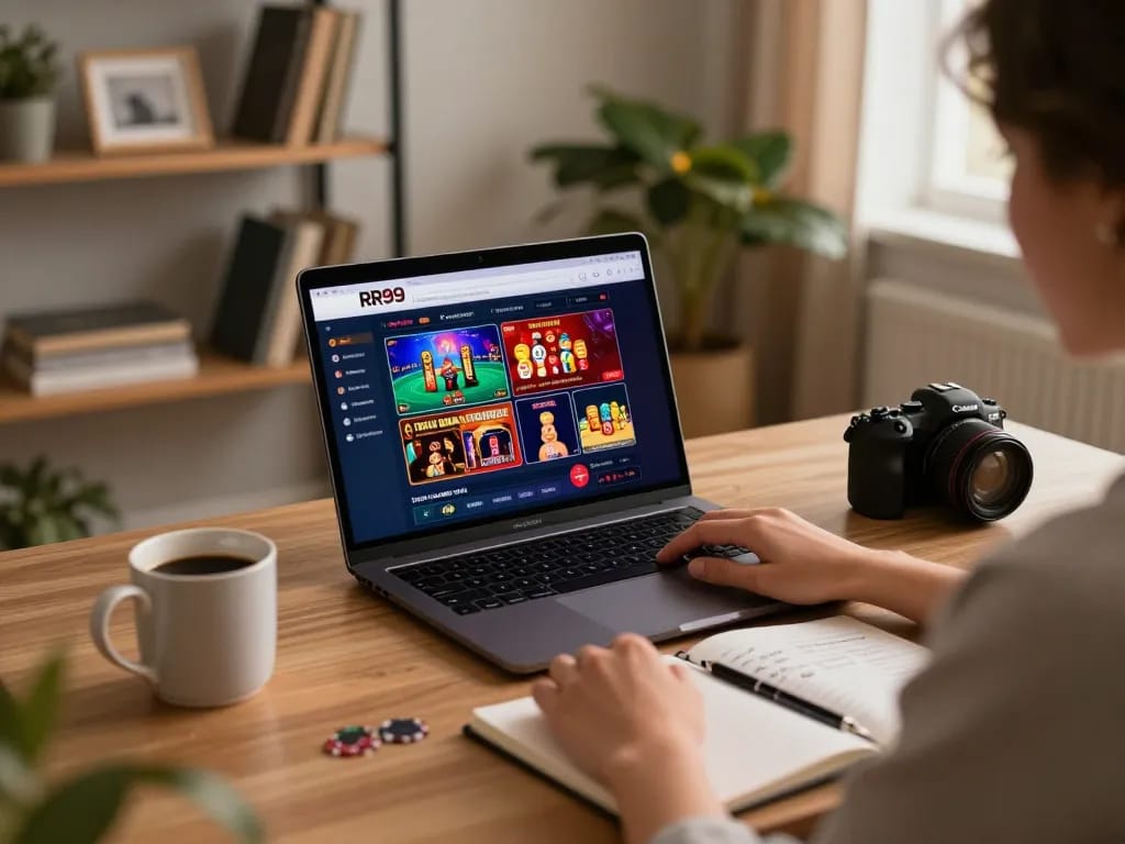 Engaging online gambling gameplay on RR99 casino platform with cozy setup and strategic notes.