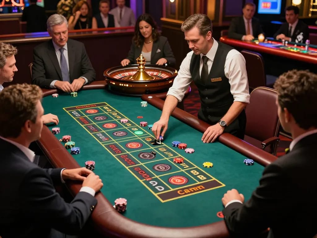 Players engaged in roulette action on the sunwingo casino floor, colorful chips and a spinning wheel enhancing the excitement.