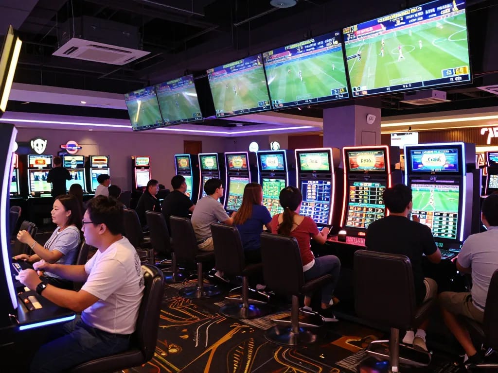 Engaged bettors analyzing kèo nhà cái odds on digital screens in a dynamic casino sports betting area