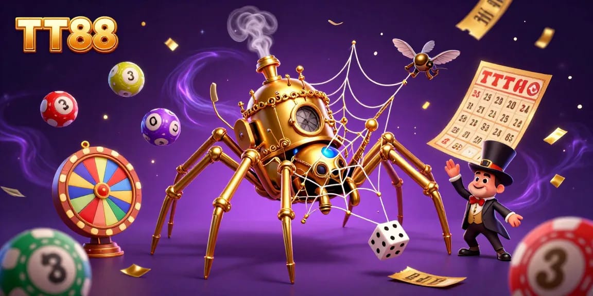 TT88 immersive illustration featuring a golden spider casting a web of luck with dice and colorful lottery balls.