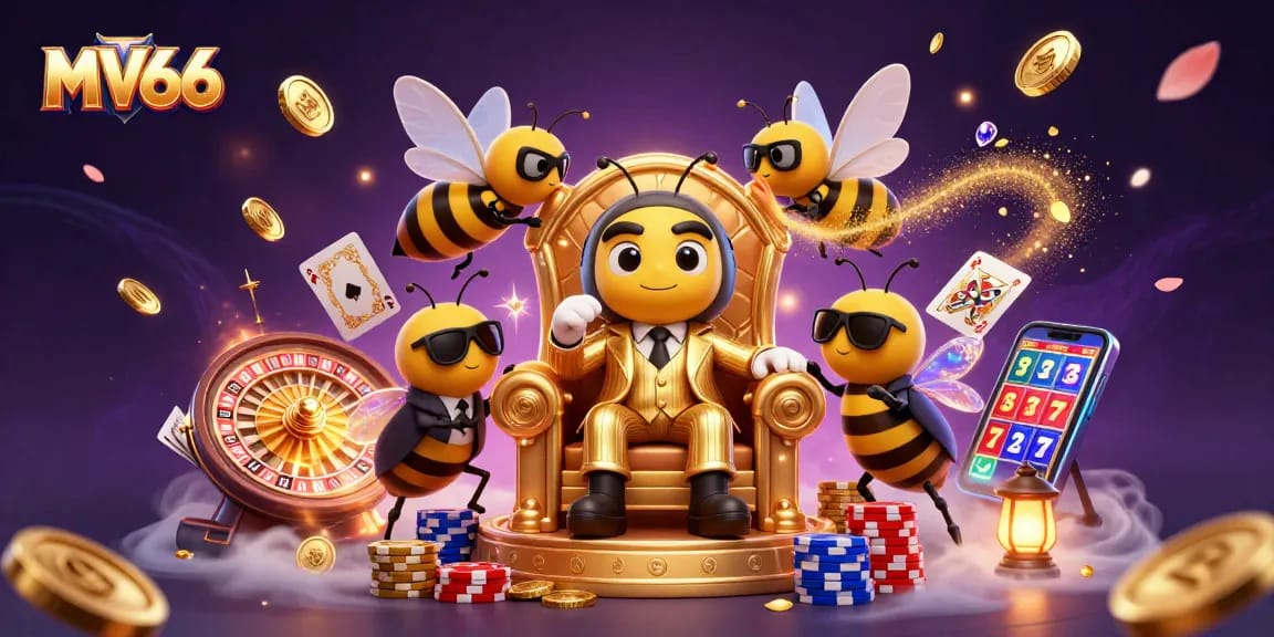 MV66 showcases a casino-inspired scene with a bumblebee mob boss amidst sparkling chips and golden coins.
