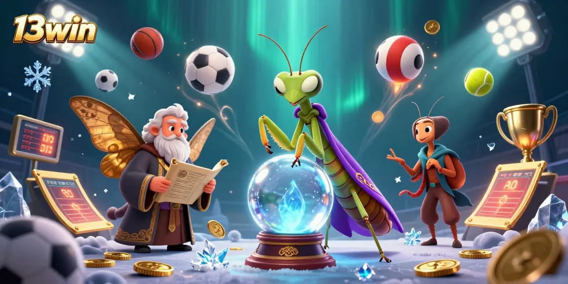 Experience thrilling sports betting action with 13win as characters predict fortune in a vibrant 3D scene.