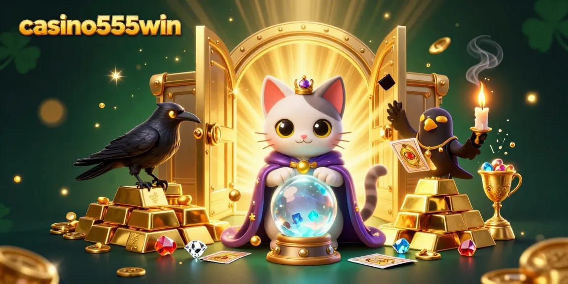 Experience winning thrills with casino555win as a mystic cat and a raven guide players through a treasure-filled casino scene.