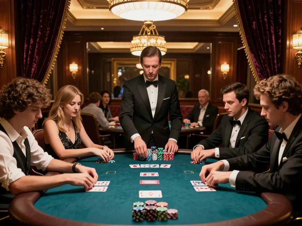 Players engaging at a luxury MM88 poker table, showcasing intense focus and strategic gameplay.