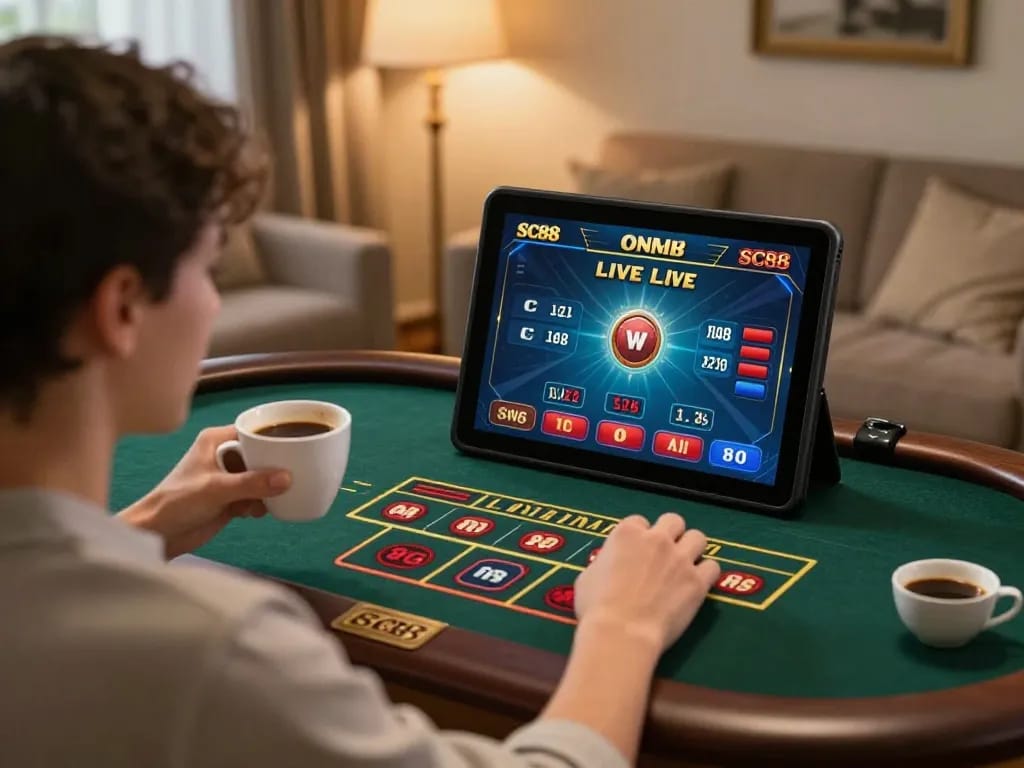 Enjoy engaging with SC88's live dealer game on a tablet, showcasing the easy access to online gambling