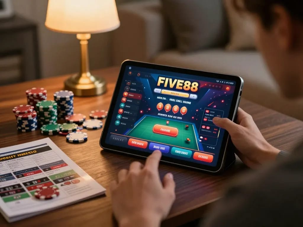 Enjoying online casino gameplay on a tablet with FIVE88 interface and poker chips nearby.