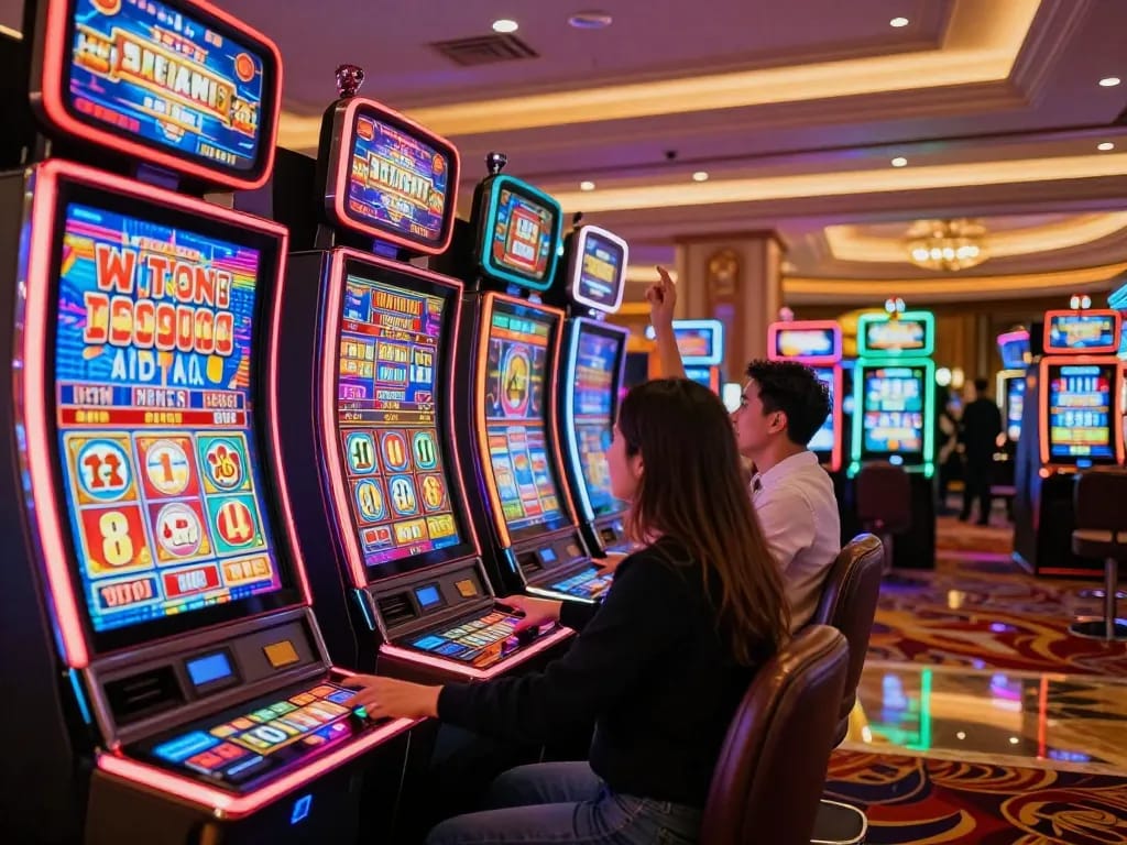Players celebrating wins on twin68 slot machines in a vibrant casino atmosphere.