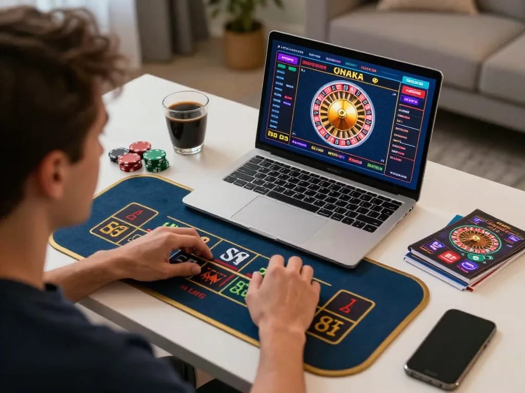 Player engaging in strategic online gambling on thabete platform at home with laptop and notes.
