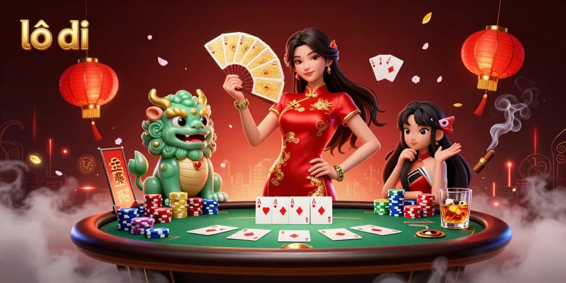 Engage in lô đề gaming with vibrant, immersive scene showcasing poker elements and cultural icons.