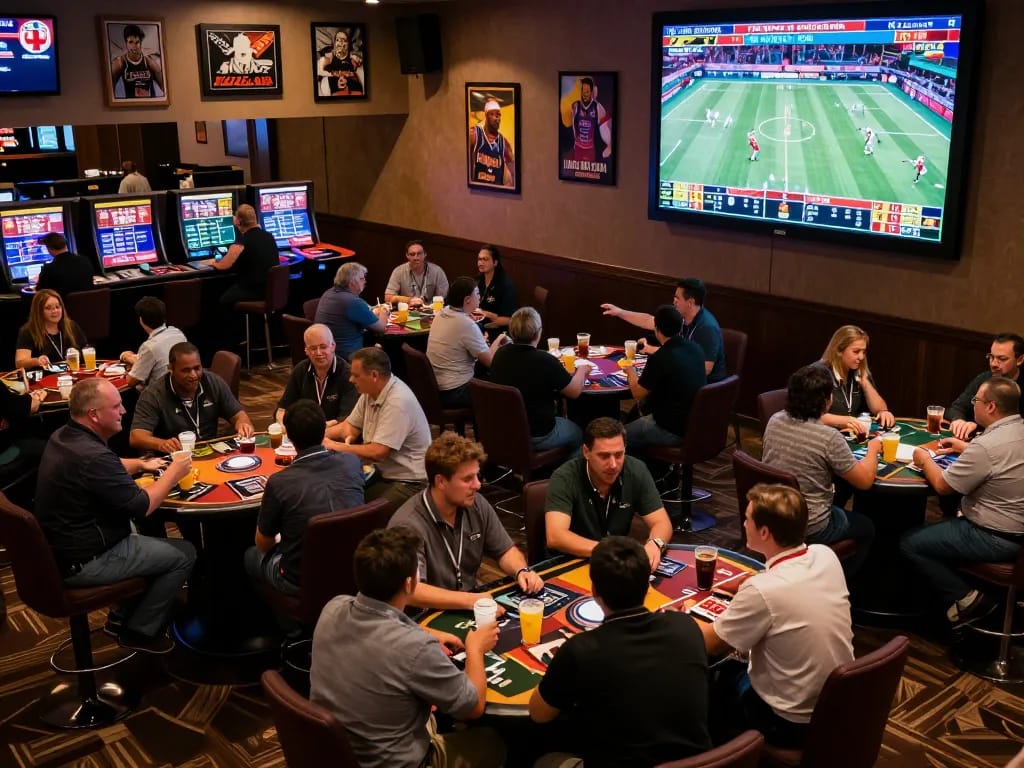 Experience intense sports betting action at a casino with focused bettors checking ผลบอล live