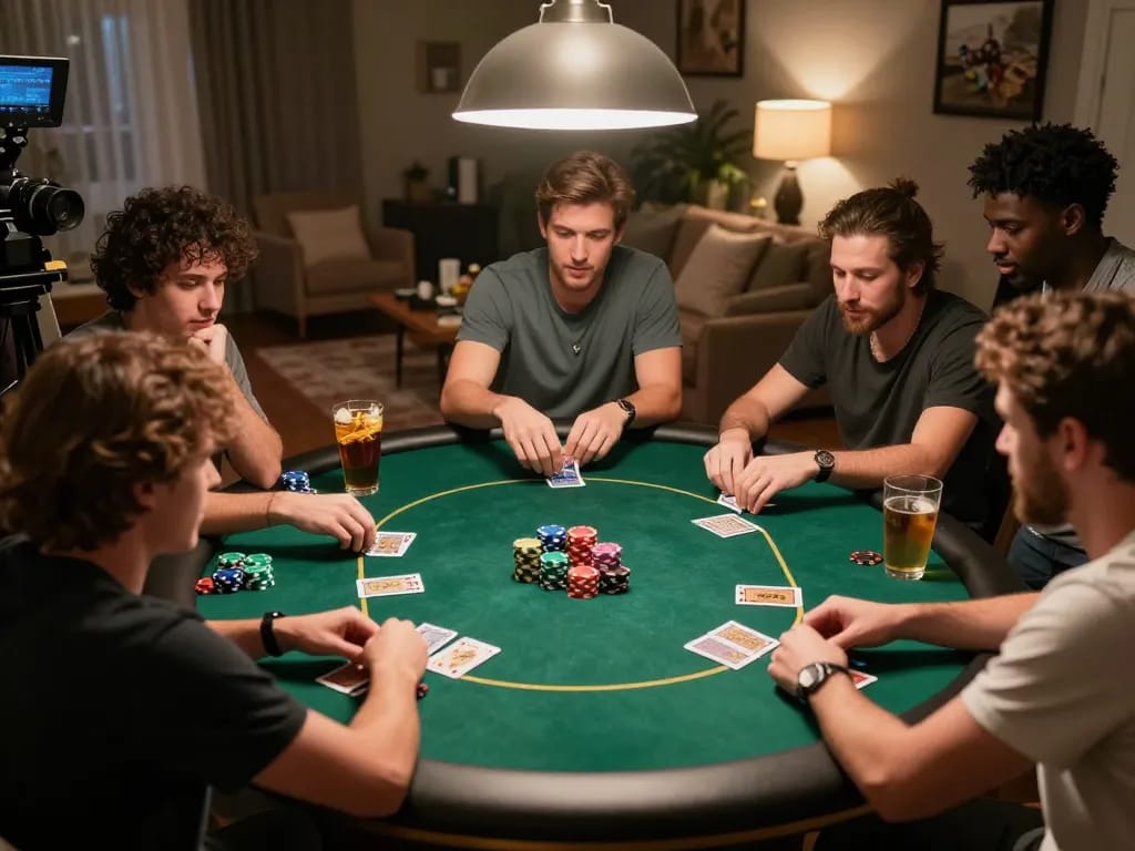Friends enjoying a poker night with strategic gameplay around the table, highlighting the excitement of bongdalu.