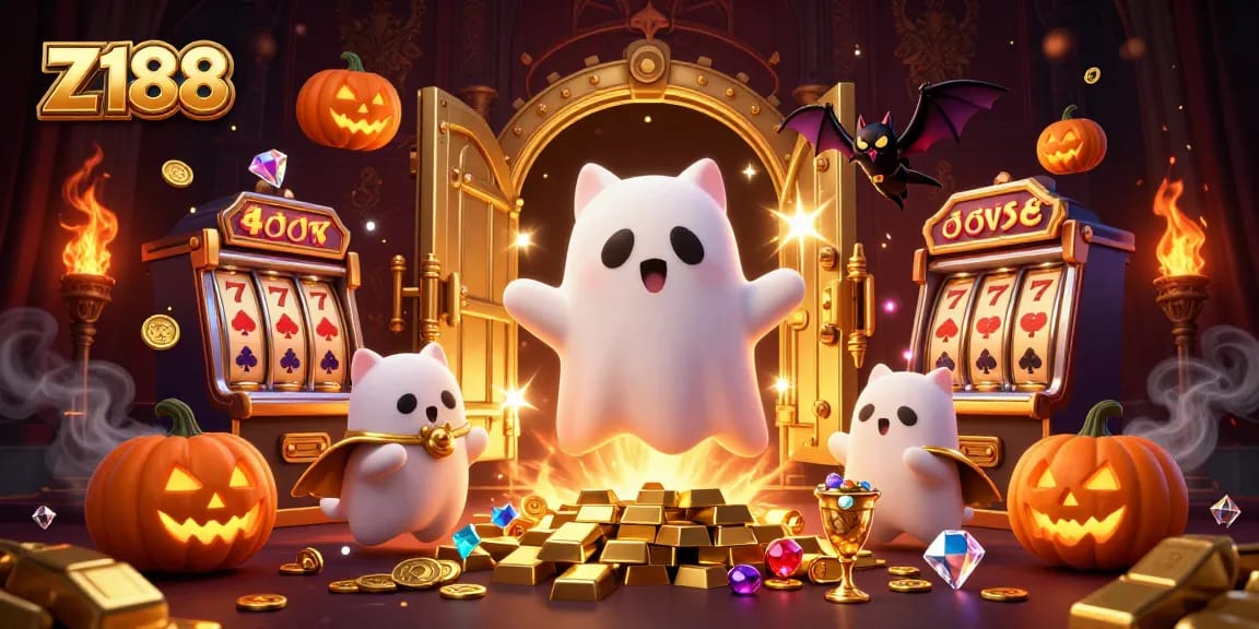 Engage with Z188 in a vibrant casino scene, featuring a ghost cat and a golden cape bat amidst slot machines.