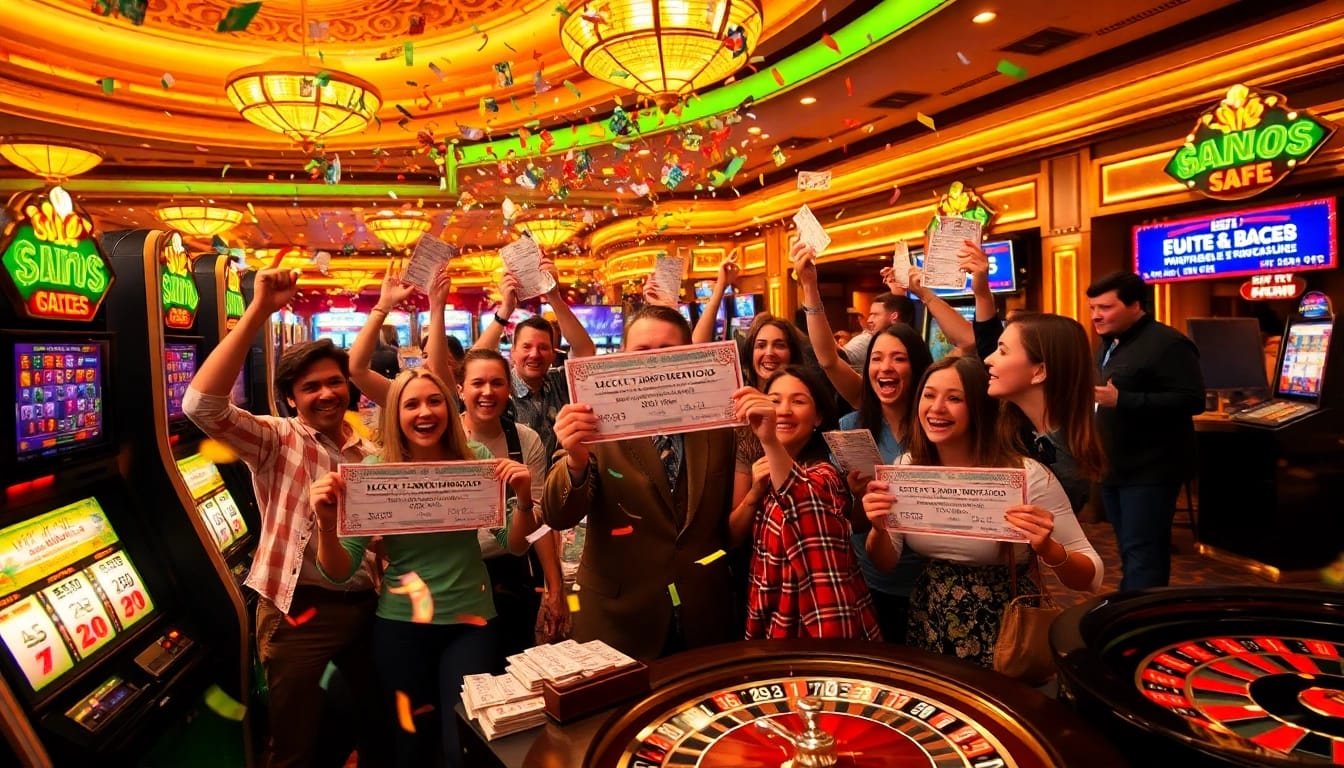 Explosion of a prize-winning lottery celebration with joyful gamblers and festive decor
