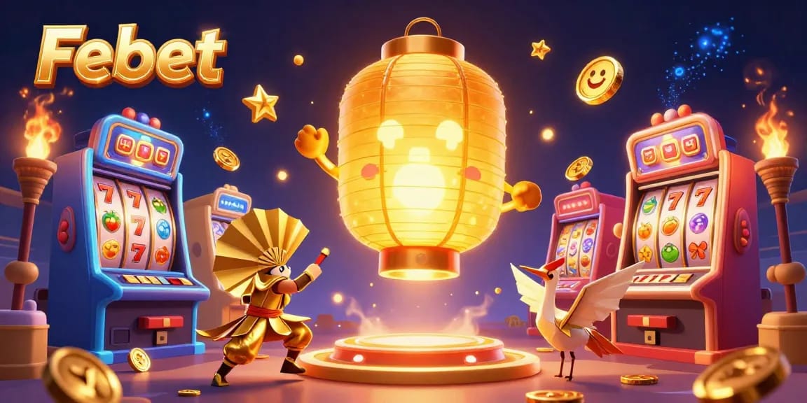 Experience thrilling gameplay with Febet at the vibrant casino, filled with golden lanterns and exciting slot machines.