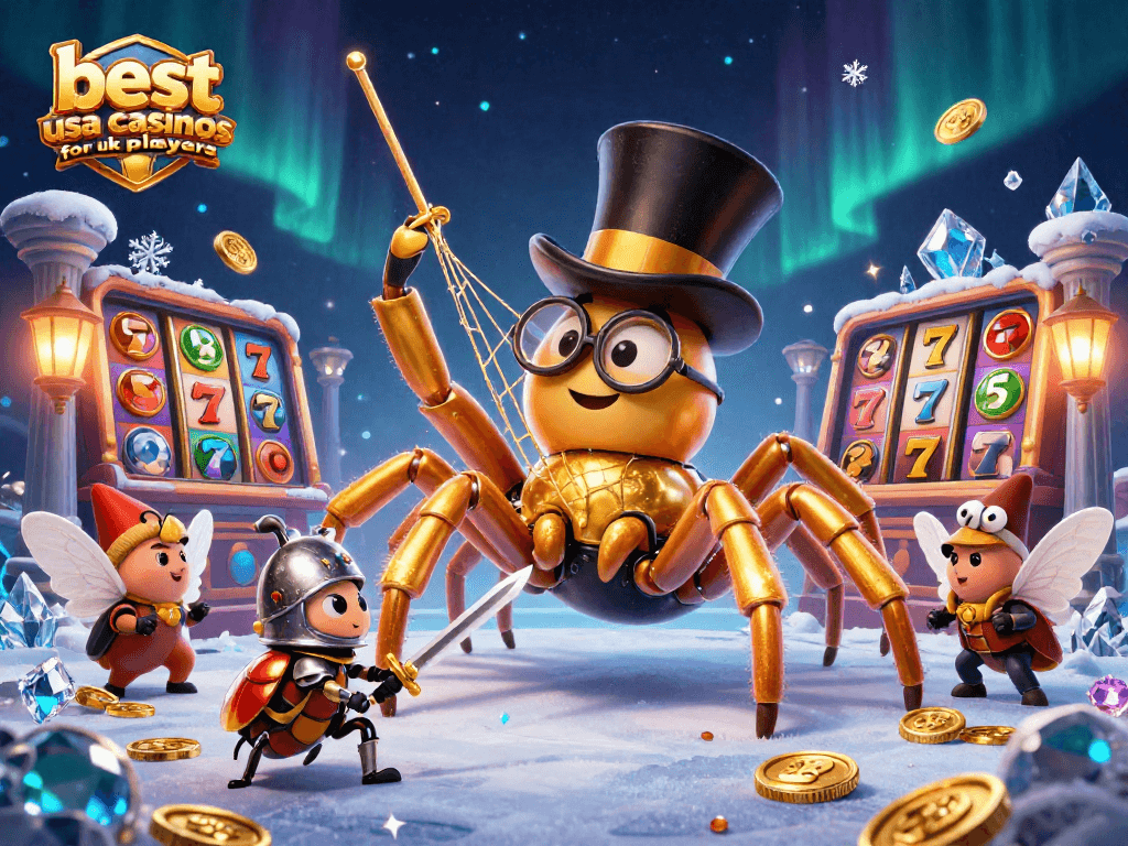 Engage with the best usa casinos for uk players, featuring a golden tarantula and beetle knight in a vibrant casino scene