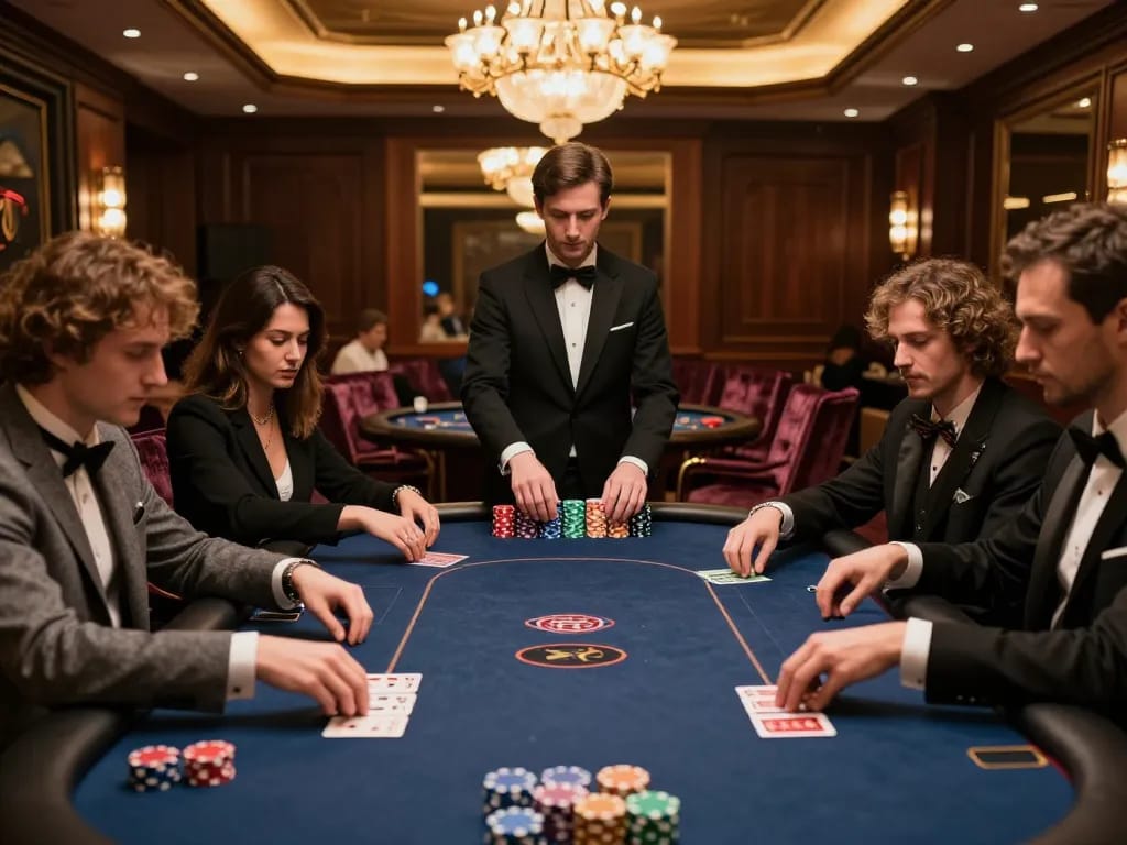 EE88 players competing in an upscale poker room, showcasing high-stakes excitement and luxury.