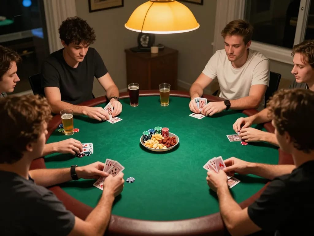 Players focusing at their cards at a home poker night featuring NOHU90 COM