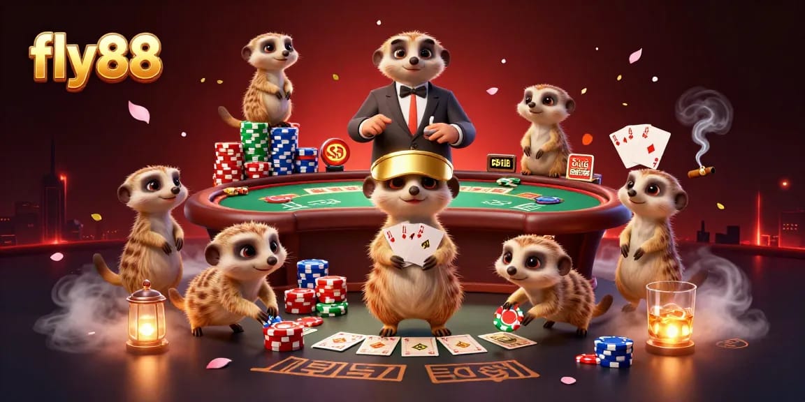 fly88 meerkats running a casino with lively chip stacks and vibrant game elements.