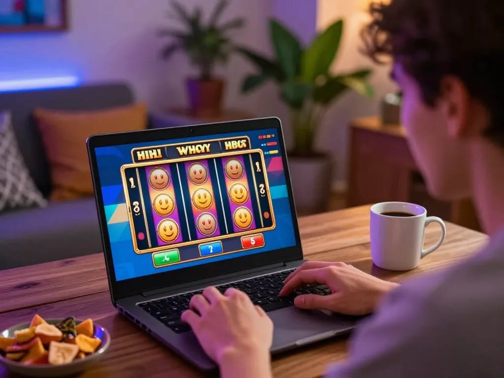 Engaging in online casino gaming at home with winwin slot game interface displayed.