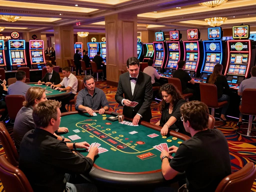 Players strategizing at a blackjack table in Hoiquantv Vegas casino atmosphere