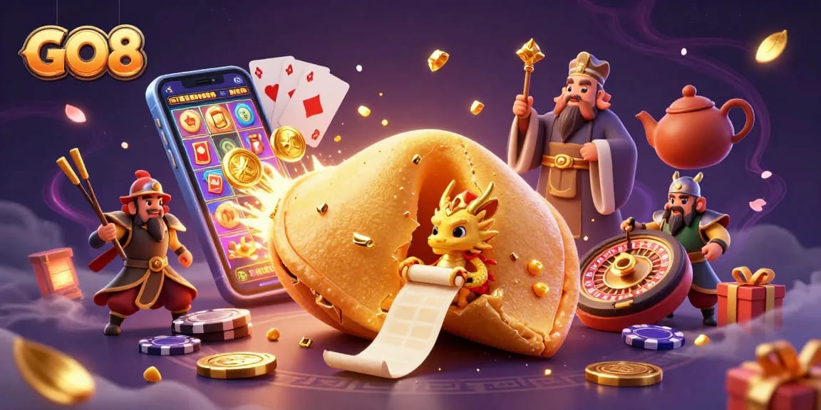 Experience dynamic gaming adventure at GO8 with golden fortune cookie, dragon, and exciting slots.