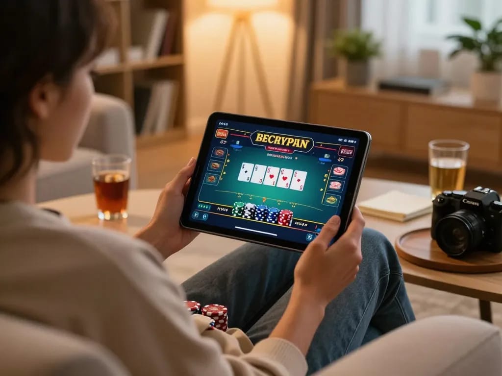 Engaged user playing sv368 baccarat on tablet in cozy home setting.