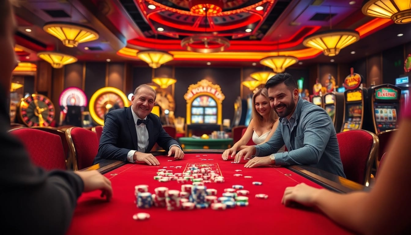 Players engage at a poker table in a vibrant 58win casino scene, reflecting excitement and luxury.