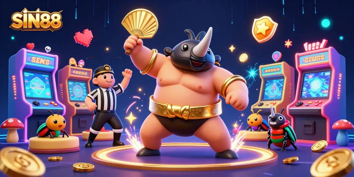 SIN88 shows a dynamic casino scene with a sumo champion beetle and arcade elements flying around.