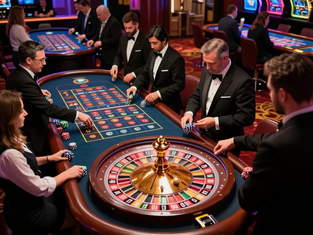 Players experiencing the excitement of KO66 roulette games, vibrant casino atmosphere with spinning wheel.