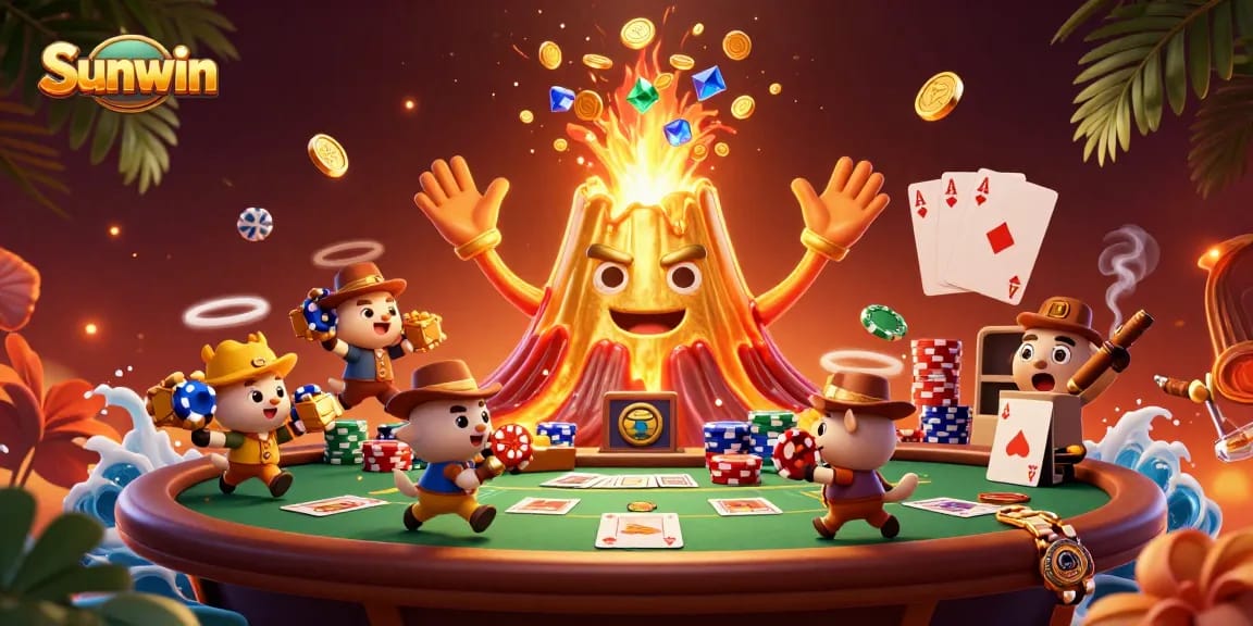 Experience thrilling gameplay with Sunwin's golden volcano and treasure-filled poker scene