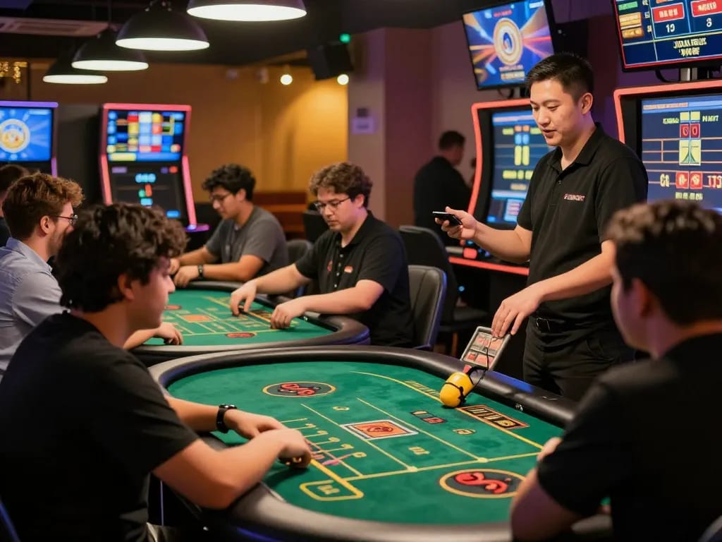 Players enjoy a thrilling TG88 online casino game with live dealers, showcasing excitement and engagement.