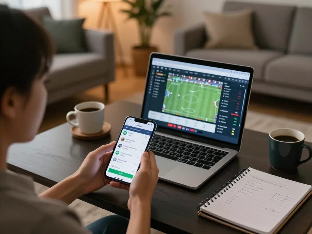 Tỷ lệ kèo nhà cái hôm nay being analyzed on smartphone and laptop in cozy home setting.