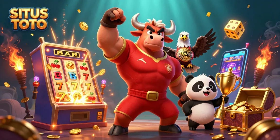 SITUS TOTO showcases vibrant casino action with a bull mascot, eagle, and panda celebrating together
