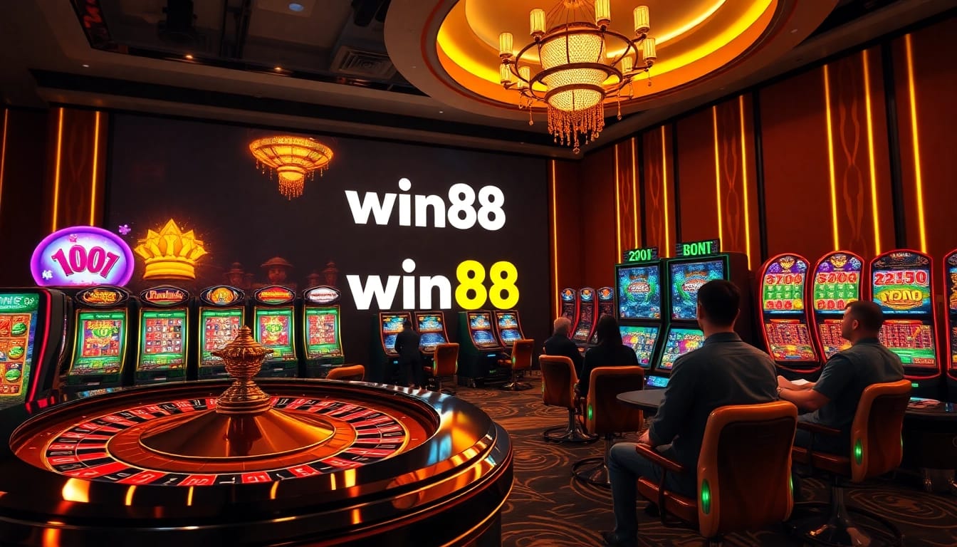 Winning at win88 with exciting online casino games featuring roulette and slots in a vibrant atmosphere.