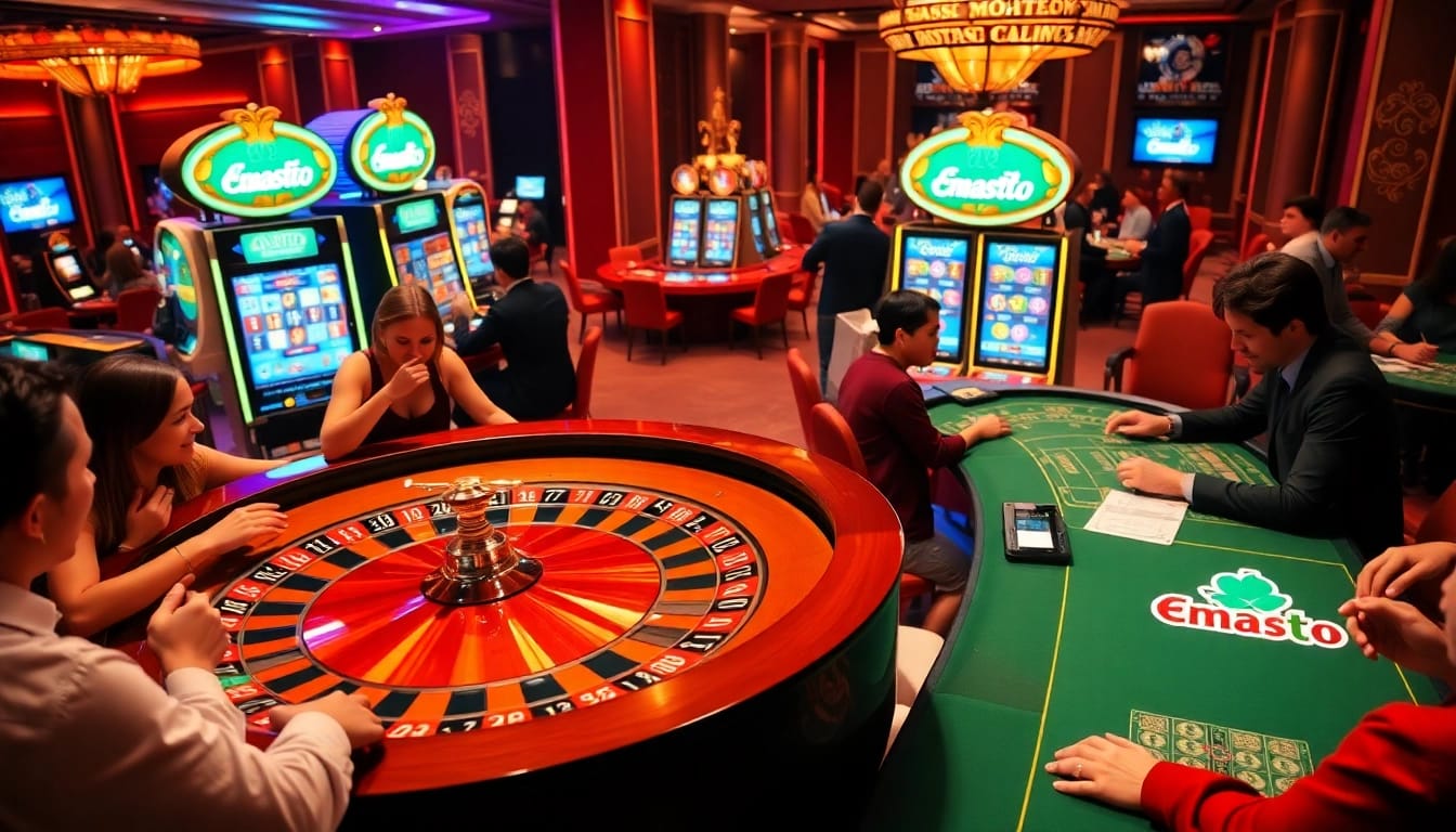 Players engaging in exciting gambling activities at Emastoto's luxurious casino.