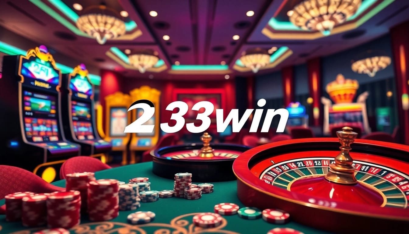 Experience the thrill of gaming at 23win with vibrant slot machines and an elegant roulette wheel.