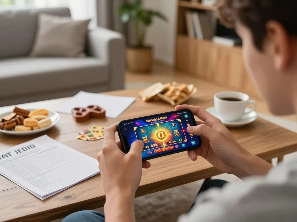 Engaged player using nhà cái CM88 app on smartphone in a cozy home setting during online gaming.