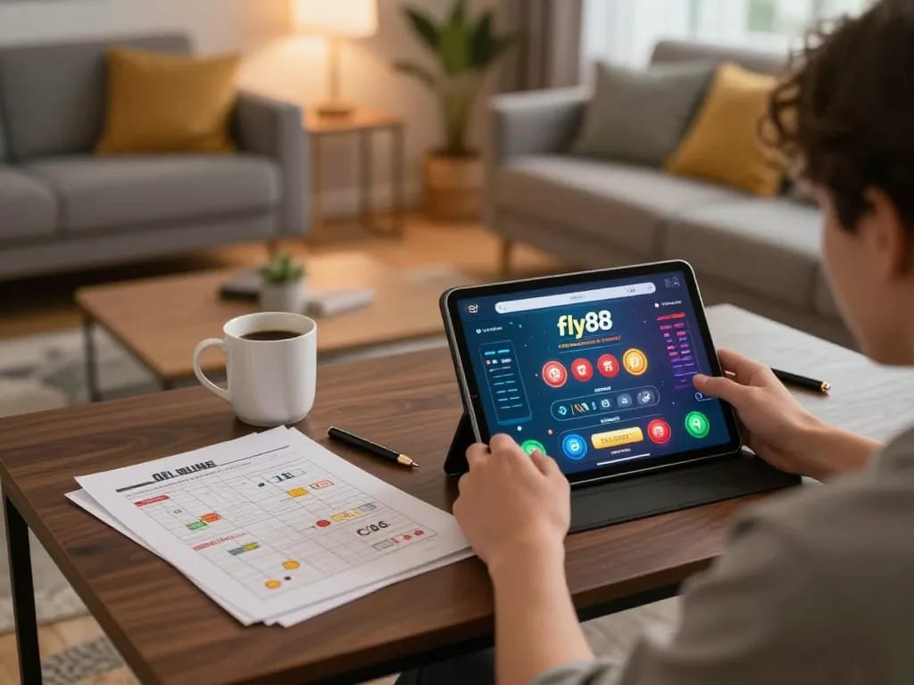Player engaging with the fly88 online gambling app at home, enjoying a strategic gaming experience.