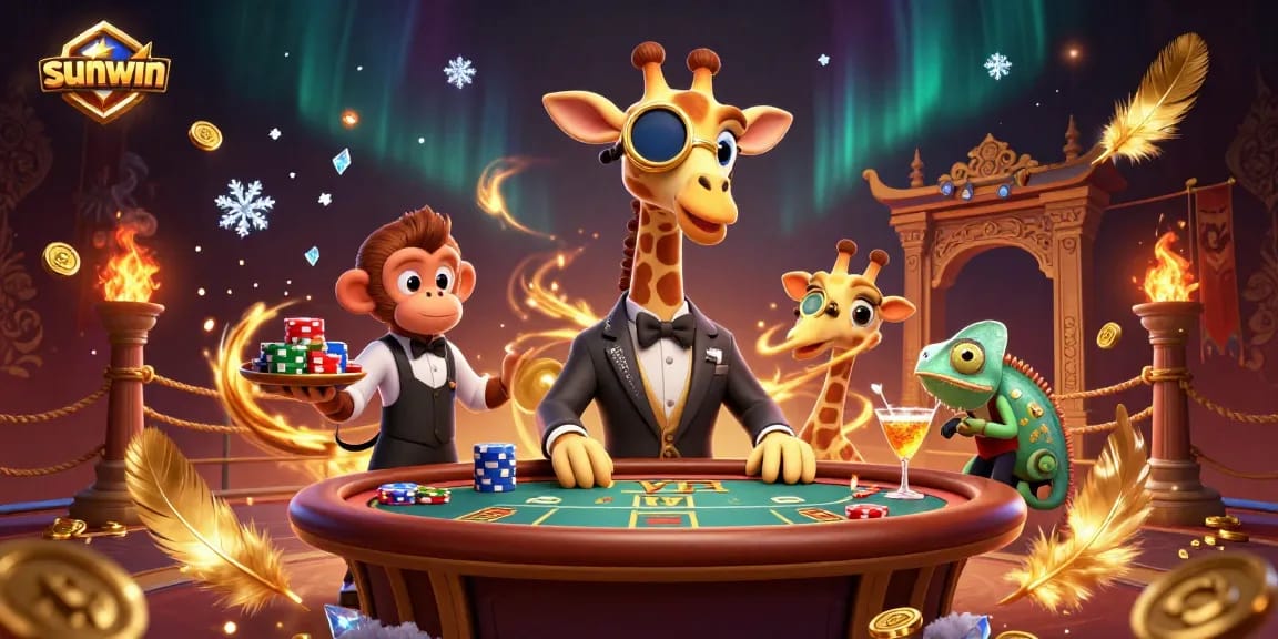 Experience the thrill of gaming with sunwin as a giraffe in a suit, monkey valet, and chameleon bartender create excitement.